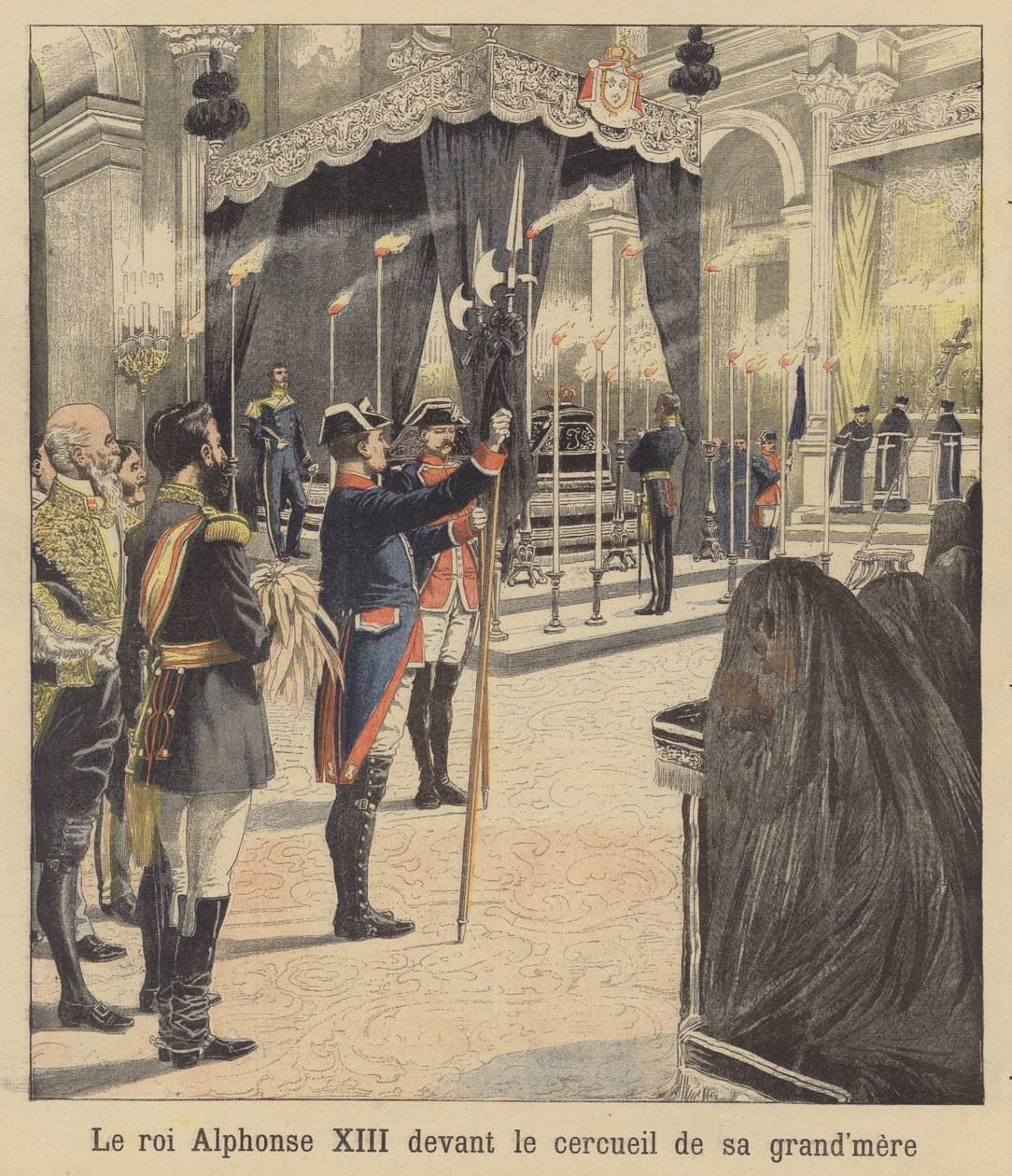 Kong Alfonso XIII af Spanien foran kisten med sin bedstemor, dronning Isabella II (farvelitografi) af French School