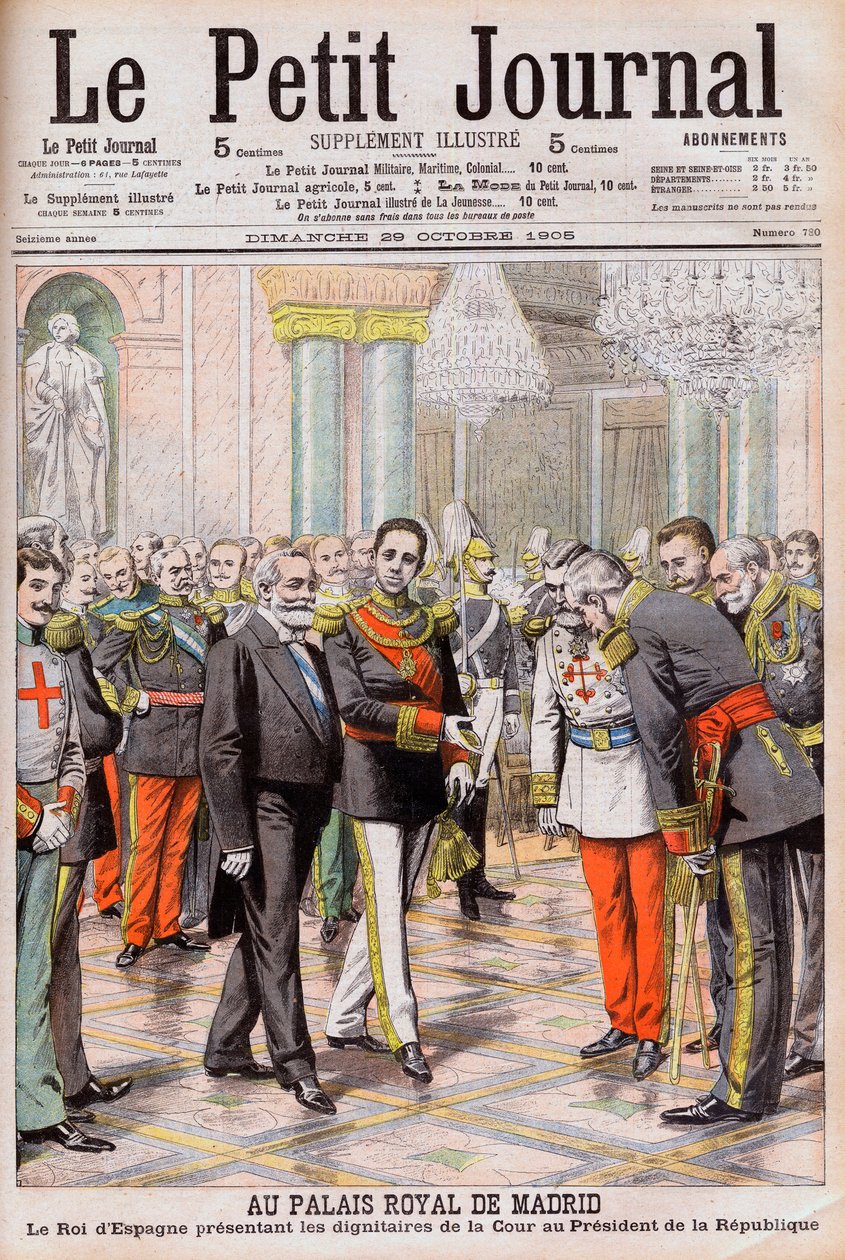 Kong Alfonso XIII af Spanien præsenterer sit hof for Frankrigs præsident Emile Loubet ved det kongelige palads i Madrid. Ved det kongelige palads i Madrid. Kongen af Spanien Alfonso XIII præsenterer hoffets dignitærer for præsidenten for republikken Loubet af French School