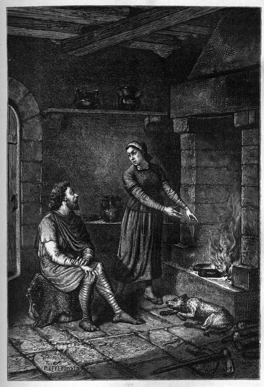 “ Kong Alfred den Store (849-899) glemmer kagerne tilberedt af det danske hus under hendes tag i Athelney og brænder dem, 878 (gravering) af French School
