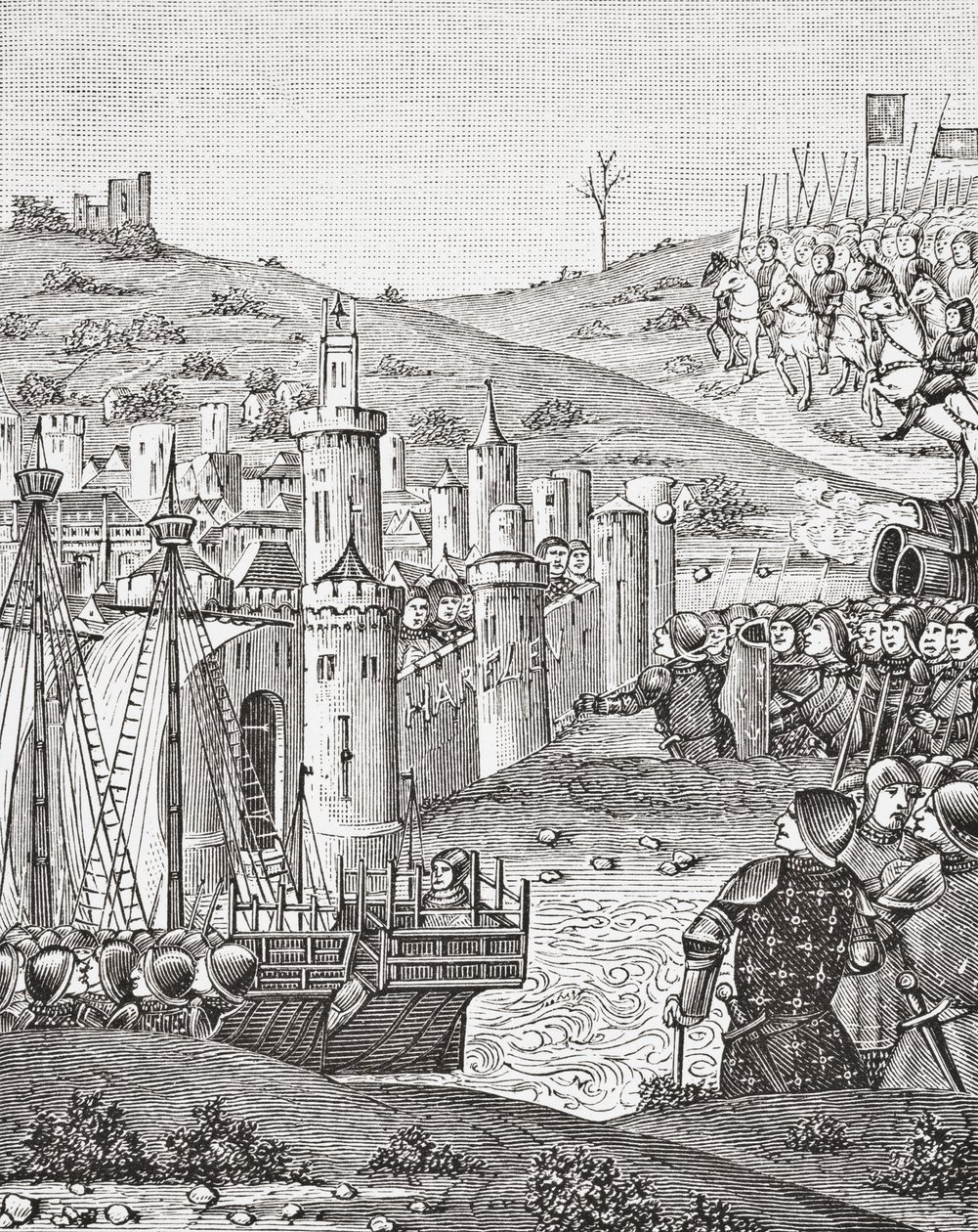 Kong Charles VII, efter at have forladt Rouen, drager ud for at belejre byen Harfleur, efter en miniature fra det 15. århundredes manuskript Chroniques de Monstrelet, fra Science and Literature in The Middle Ages af Paul Lacroix pub. London 1878 af French School