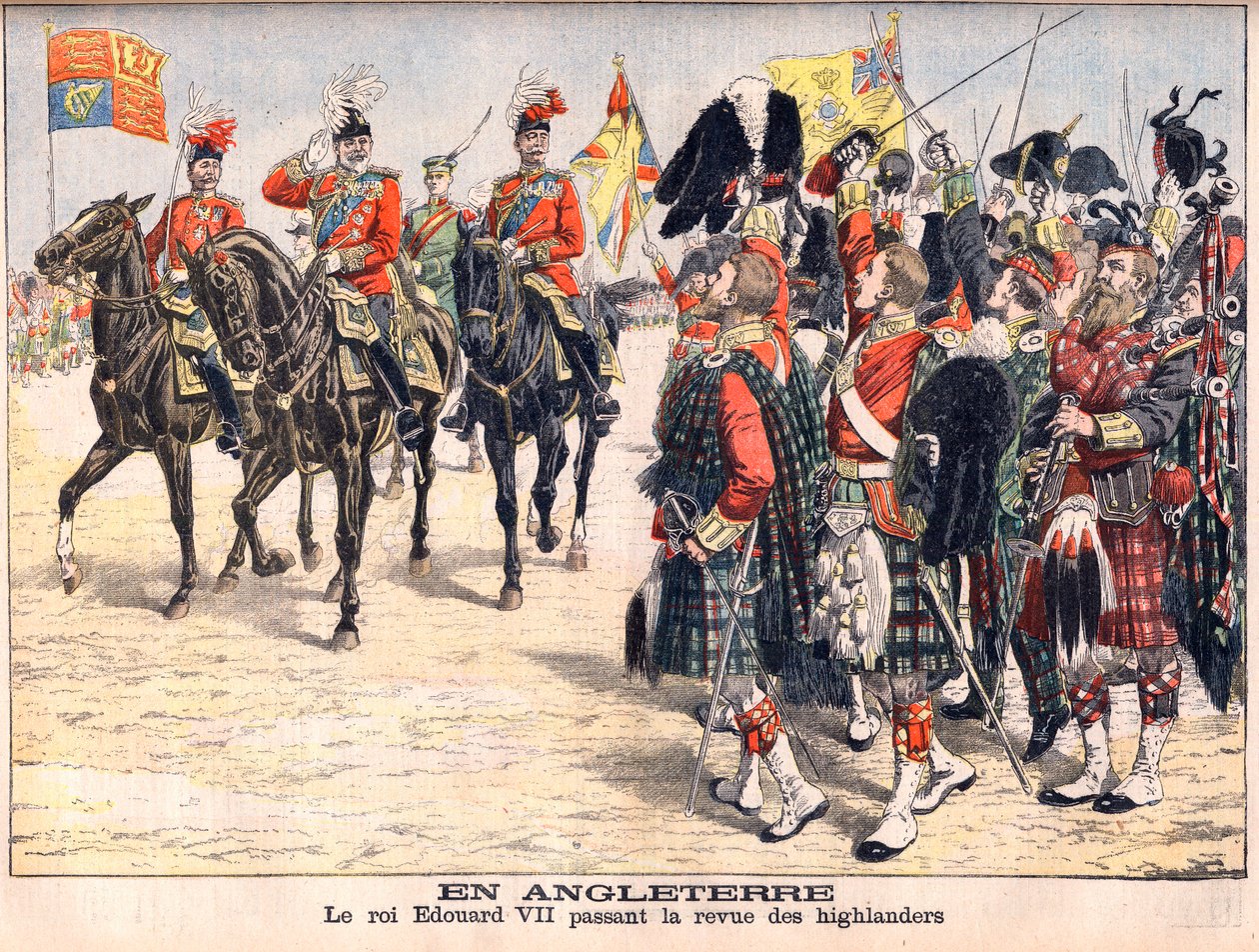 Kong Edward VII gennemgår højlandstropper. I England. Kong Edward VII (1841-1910) bestod anmeldelsen af højlændere. Illustration til Le petit Journal, 8. oktober 1905. af French School