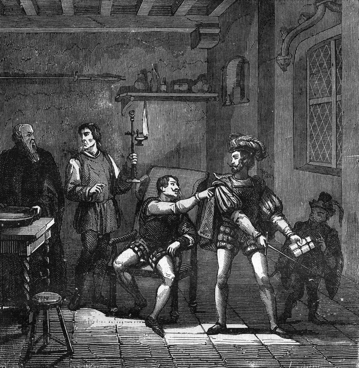 Kong Francois I (1494-1547) og Charles Brandon, hertug af Suffolk, bemyndiget til at gifte sig med Mary Tudor (Mary af England), der var rejst med udskejelserne ved hoffet. indgravering i "Historien om prostitution og udskejelser blandt alle verdens folkes af French School