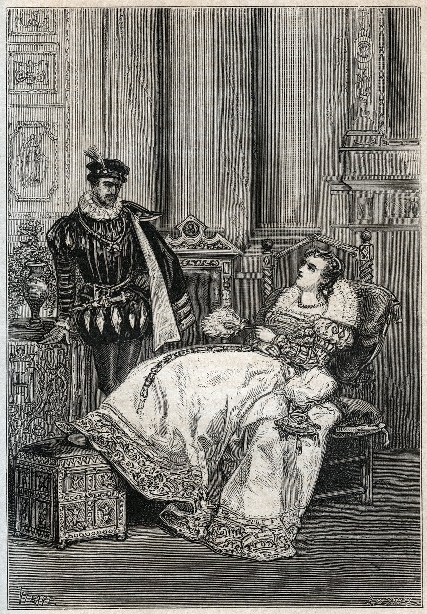 Kong Henrik II (1519-1559) og Diane de Poitiers (1499-1566) - Henrik II af Frankrig og Diane de Poitiers - gravering fra "" Histoire de France" af Jules Michelet - 1876-1877 - af French School