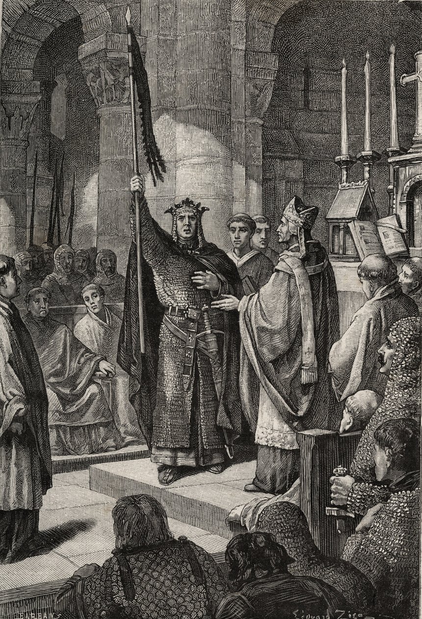 Kong Ludvig VII (1120-1180) tager oriflamen ved basilikaen Saint Denis (Saint Denis) i nærværelse af dronning Alienor af Aquitaine og modtager humlebien og pannetieren af pelerin fra hænderne på pave Eugene III (? -1153) før hans afgang af French School