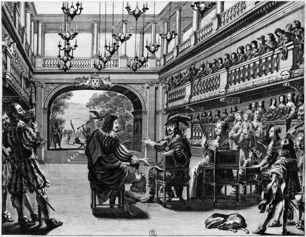 Kong Ludvig XIII (1601-43) og Dronning Anne af Østrig (1601-66) ved fremstillingen af Mirame i Palais Cardinal, Paris, 1641 af French School