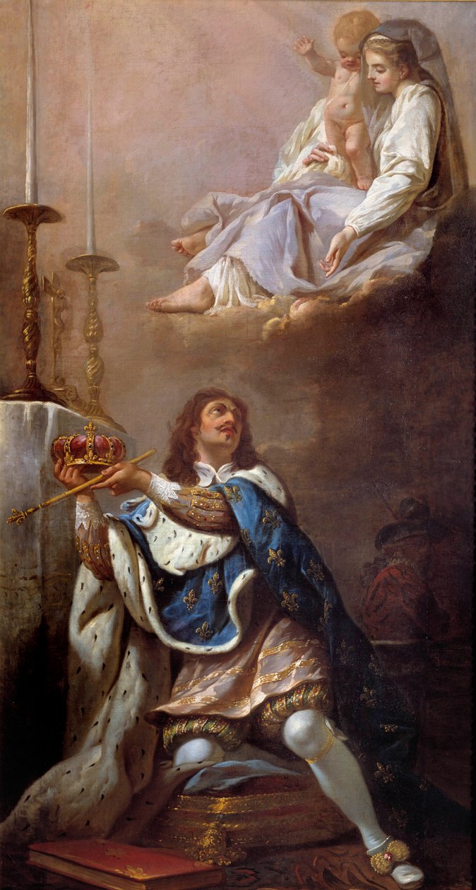 Kong Ludvig XIII tilbyder sin krone til den franske skoles jomfrumaleri. Versailles fra det 17. århundrede. Vor Frue af Versailles kirke af French School