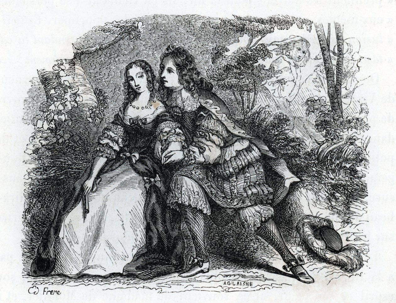 Kong Ludvig XIV (1638-1715) og hans elskerinde Louise de La Valliere (1644-1710) - (gravering) 1846 af French School