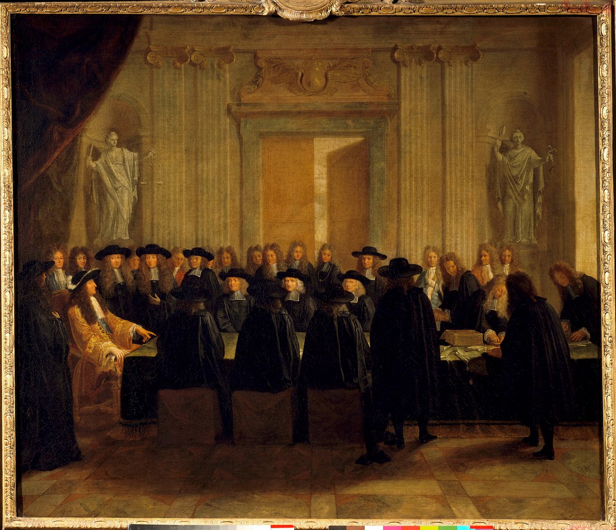 Kong Ludvig XIV (1638-1715) holdt seglerne i nærværelse af statsrådene og begæringsmesteren, mens han selv beklædte embedet som Frankrigs kansler mellem februar og april 1672 Anonymt maleri. 17. århundrede søn. 1,10 x 1,28 m af French School