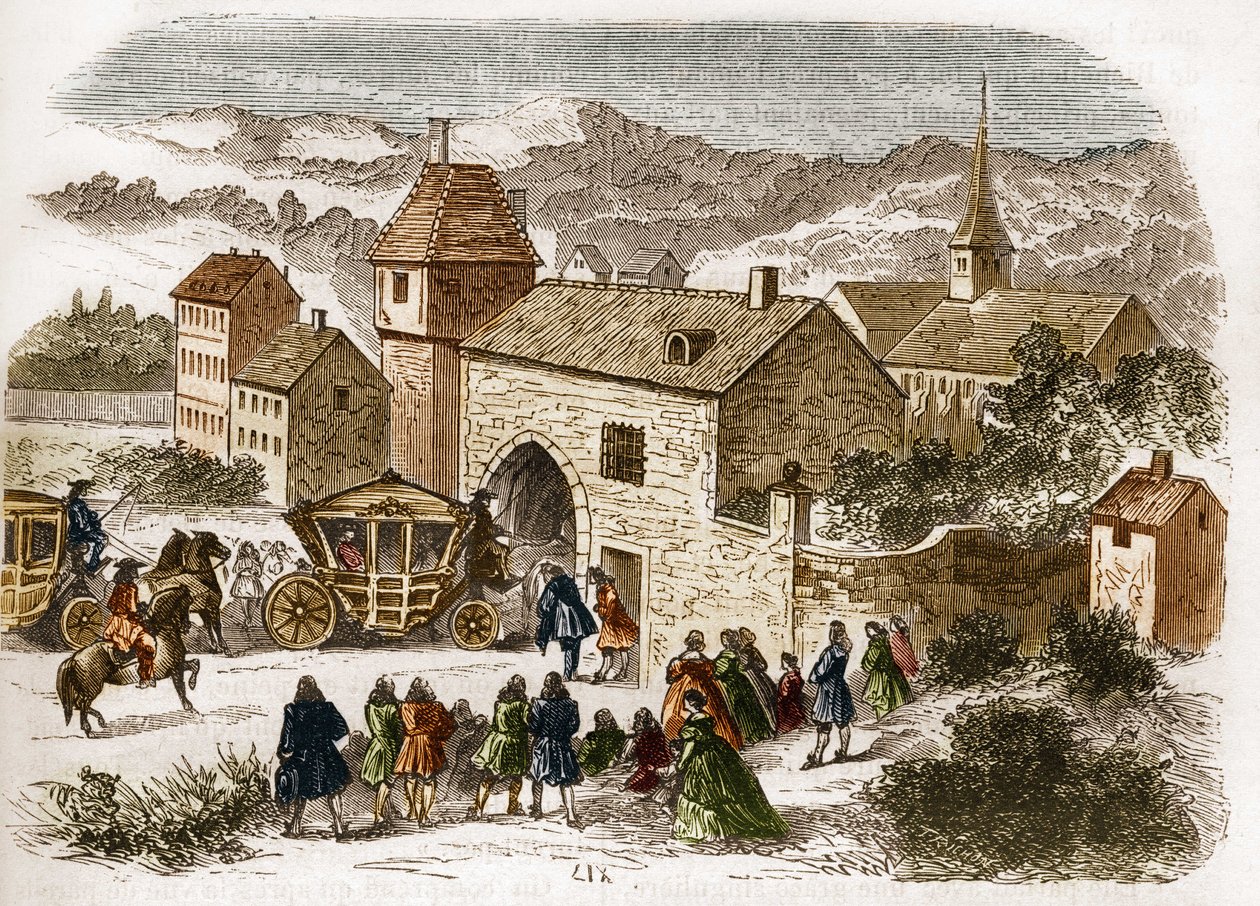 Kong Ludvig XIV (1638-1715) på besøg i Melle de Fontanges (1661-1681) ved Port Royal omkring 1680. Indstik i "Prostitutionens og udskejelsens historie blandt alle verdens folkeslag fra oldtiden til i dag" af Dr. Th. . -F. Debray. 1879. af French School