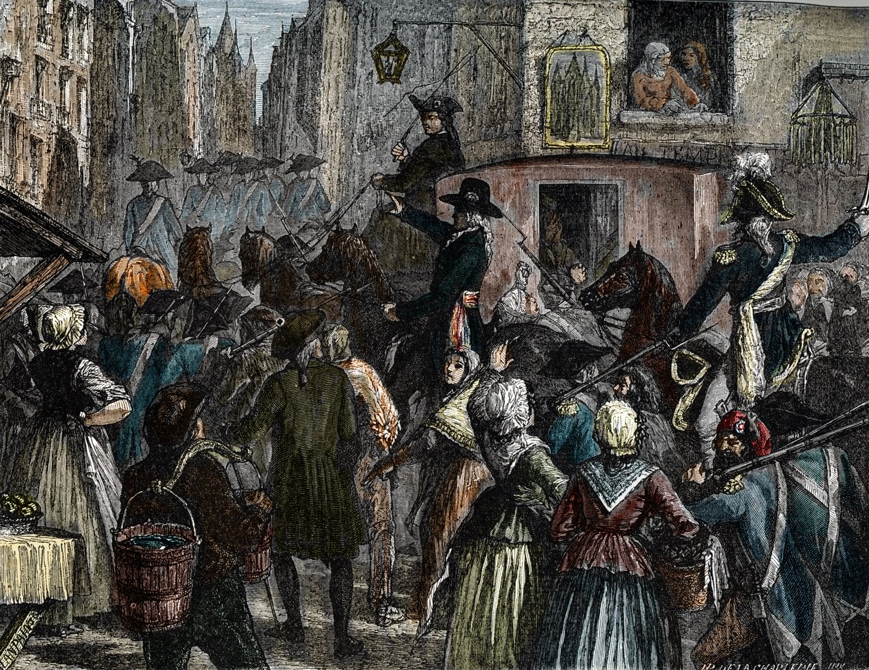 Kong Ludvig XVI og hans familie taget til templet (farvegravering) af French School