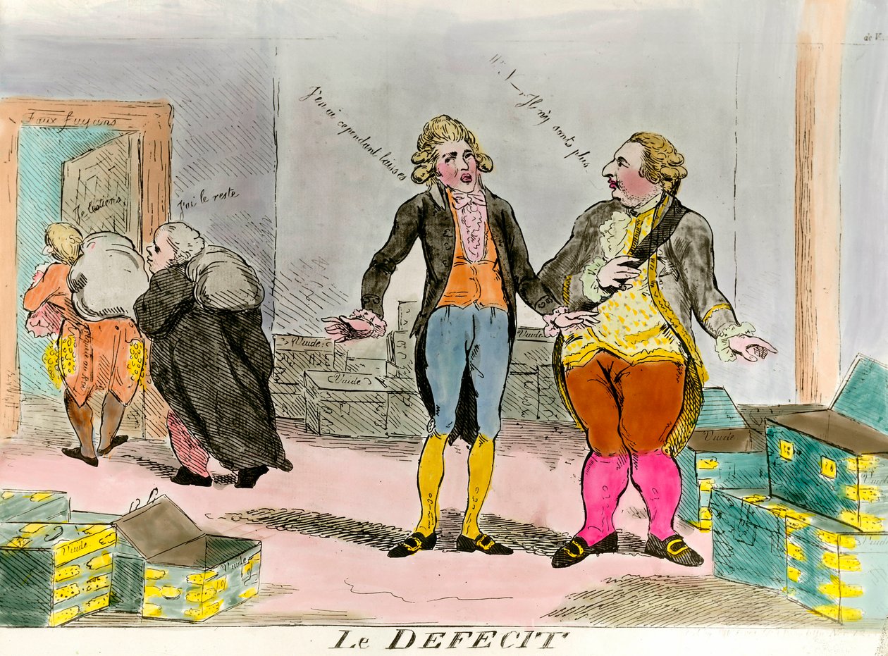 Kong Ludvig XVI og det økonomiske underskud "" de er der ikke længere - jeg har efterladt nogle "". Stik af det 18. århundrede. Privat samling. af French School