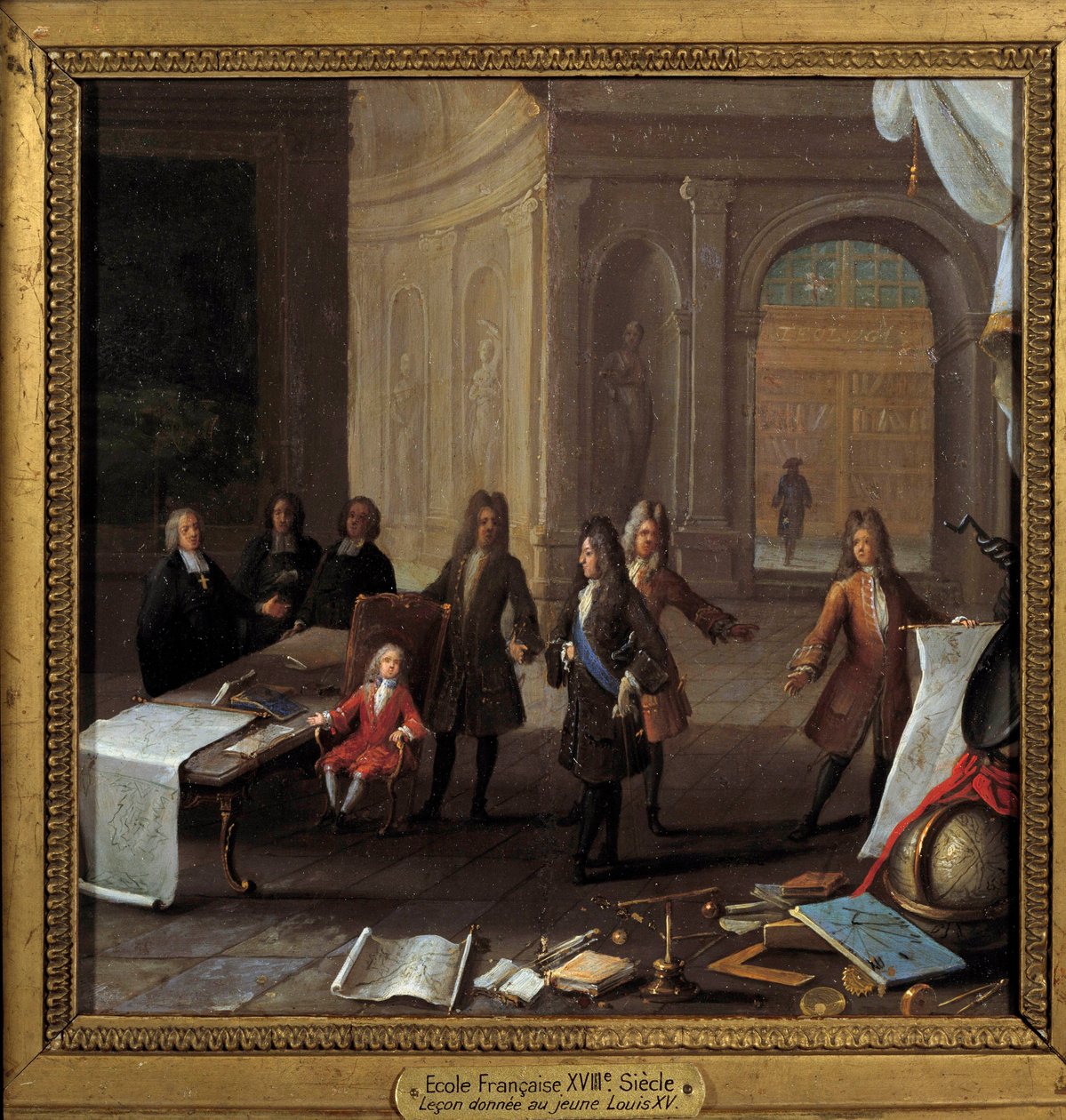 Kong Louis XV (1710-1774) barn, der modtager en lekon i nærværelse af kardinal Fleury og regent Philip II, hertug af Orleans (1674-1723) Anonymt maleri fra det 18. århundrede, olie på kobber Dim. 0,23 x 0,23 m Paris, Musee Carnavalet - Undervisningens scen af French School