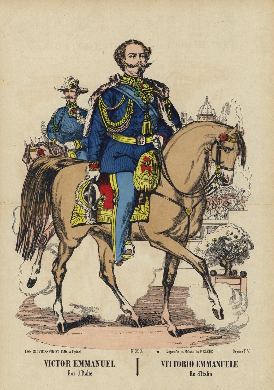 Kong Victor Emmanuel II af Italien (farvelitografi) af French School