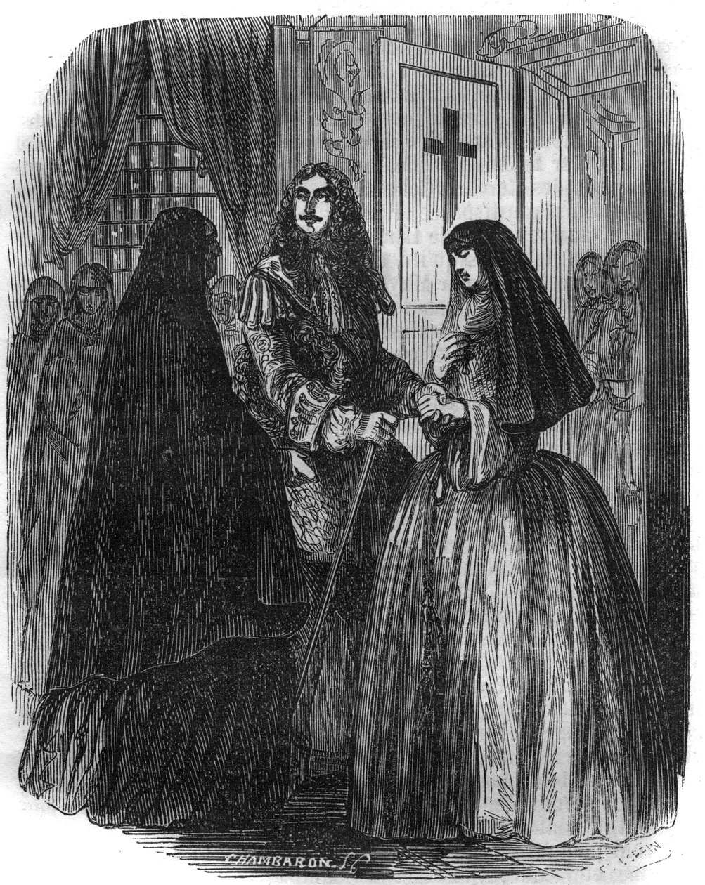 Konge af Frankrig Ludvig XIV (1638-1715) med Louise Francoise de la Valliere (1644 - 1710). Indgravering af det 19. århundrede. af French School