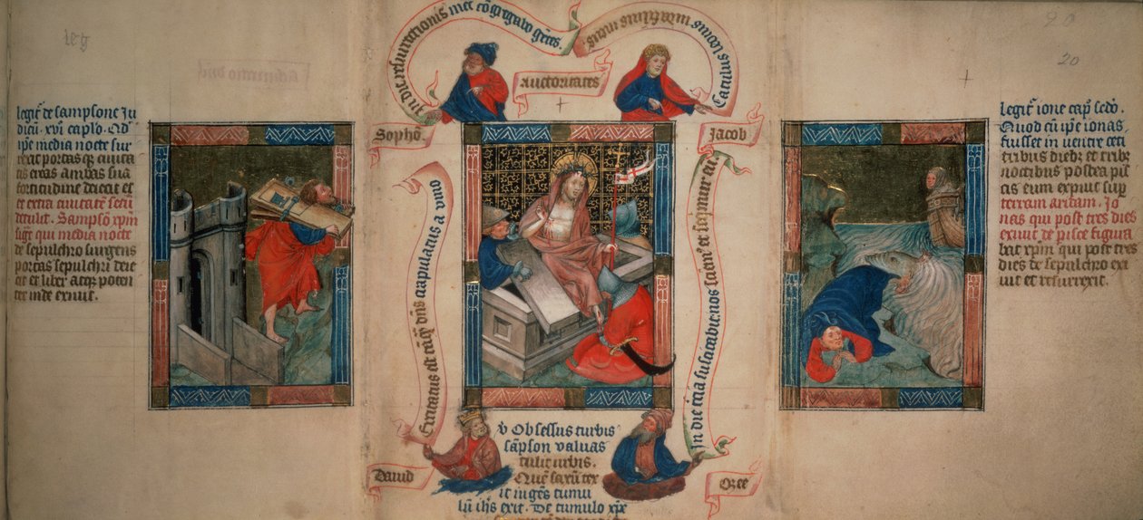 Kongebog 5 f.20 Opstandelsen, Samson bryder Gazas porte ned, Jonas flygter fra hvalen, fra Biblia Pauperum, begyndelsen af det 15. århundrede (vellum) af French School