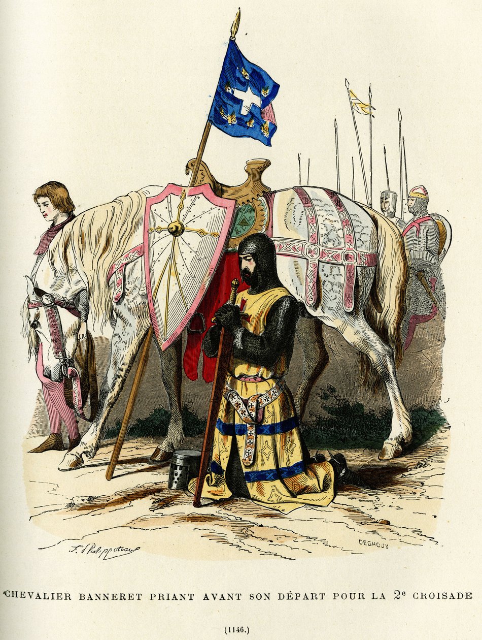 Ridder banneret (adelstitel, der giver ret til at bære et banner) beder før sin afrejse til det andet korstog (1147-1149). Farvestik, i "France et les francais a travers les siecles" af Augustin Challamel, F.Roy editor, Paris 1882. af French School