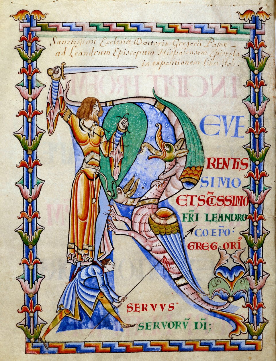 Ridder kæmper mod dragen - lettrine R (initial), miniature fra manuskriptet "Moralia in Job", Morales sur Job af Saint Gregoire, fra citeau-klosteret af French School