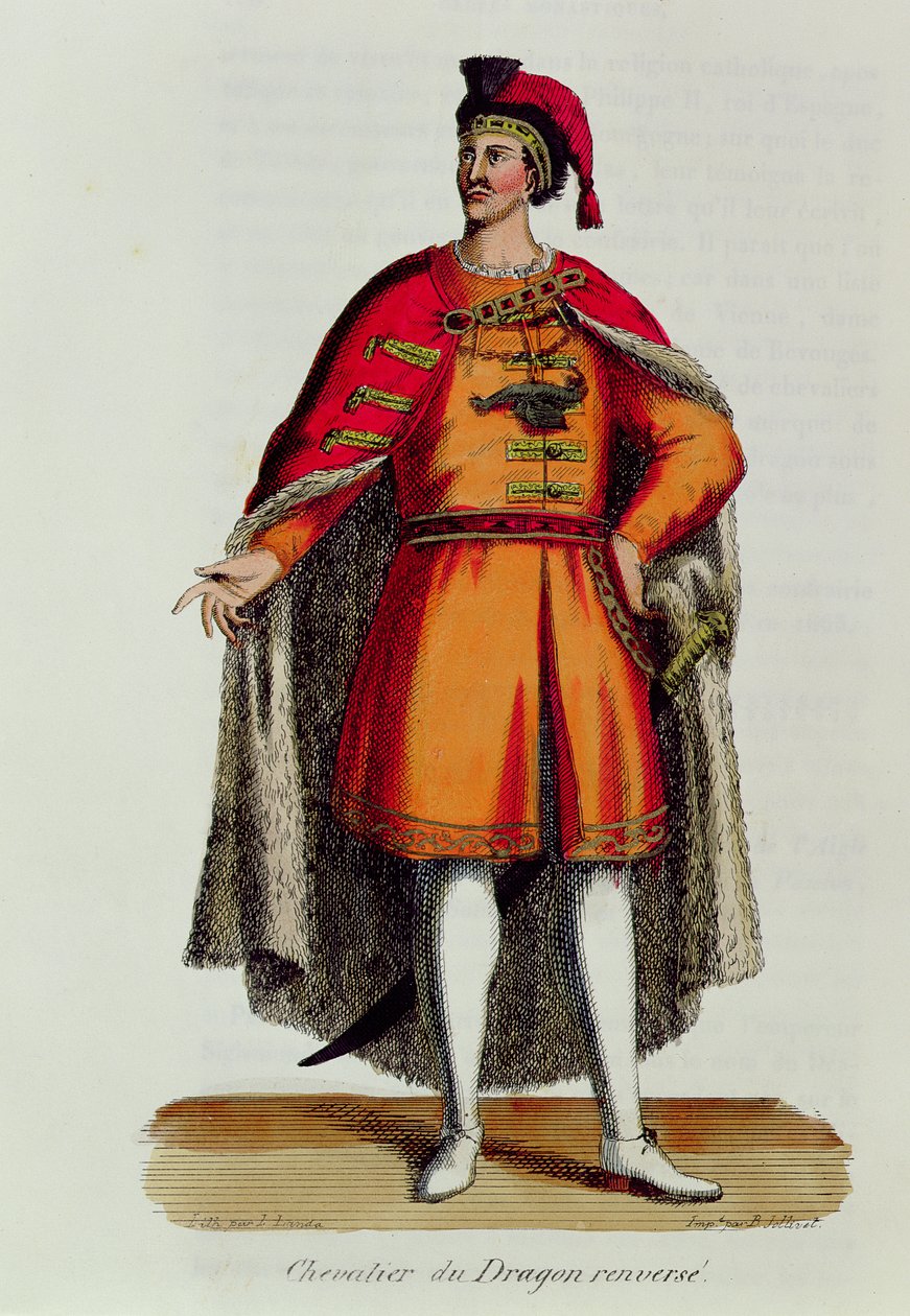 Ridder af den ungarske drageorden væltet, illustration fra Histoire et Costumes des Ordres Monastiques af Pierre Helyot (1660-1716), 1842 af French School