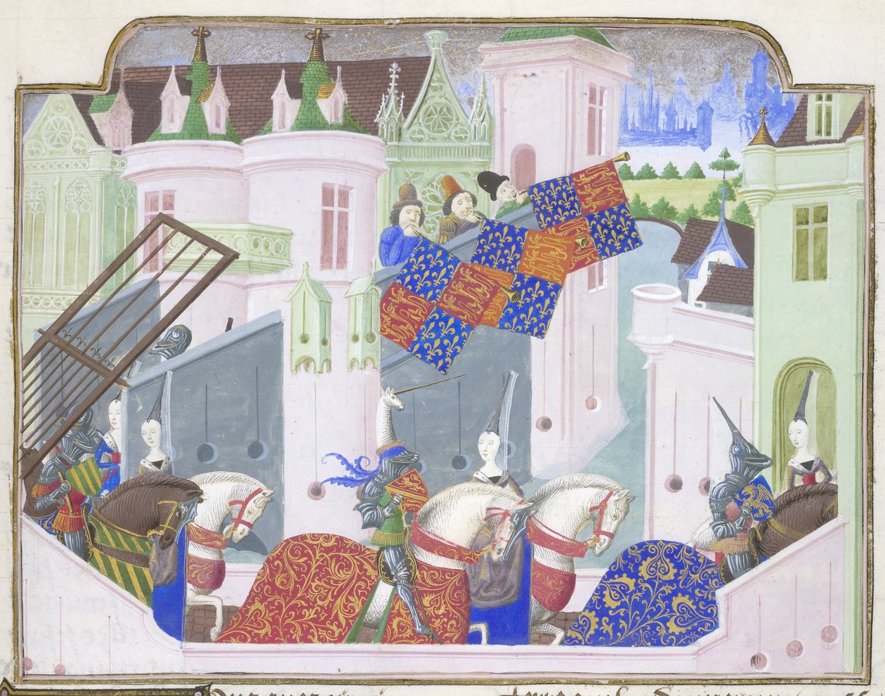 Riddere og damer rider ud til en turnering i London, fra Froissarts Chronicle, slutningen af det 15. århundrede (vellum) af French School