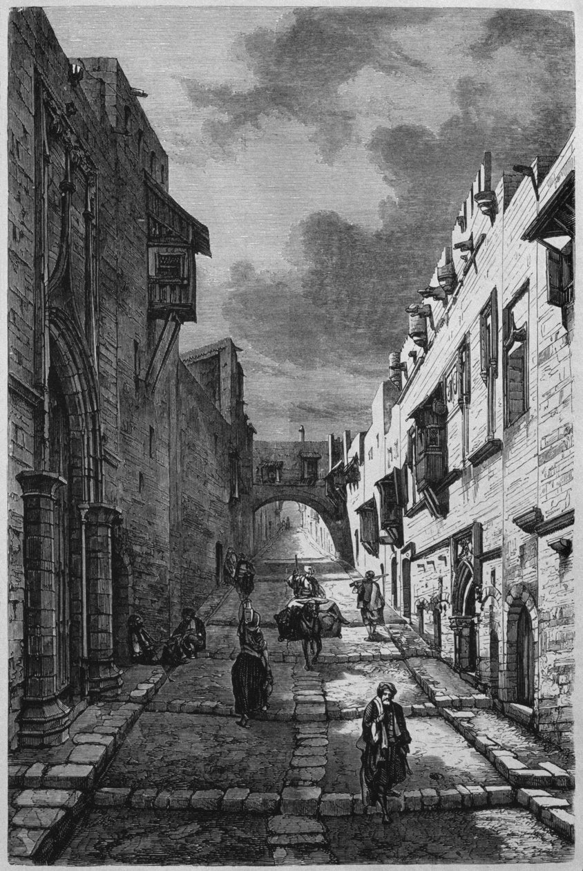 Knights Street på Rhodos, fra Syrien i dag. Rejser i Fønikien, Libanon og Judæa. 1875-1880 af Louis Charles Emile Lortet, 1884 (bw gravering) af French School