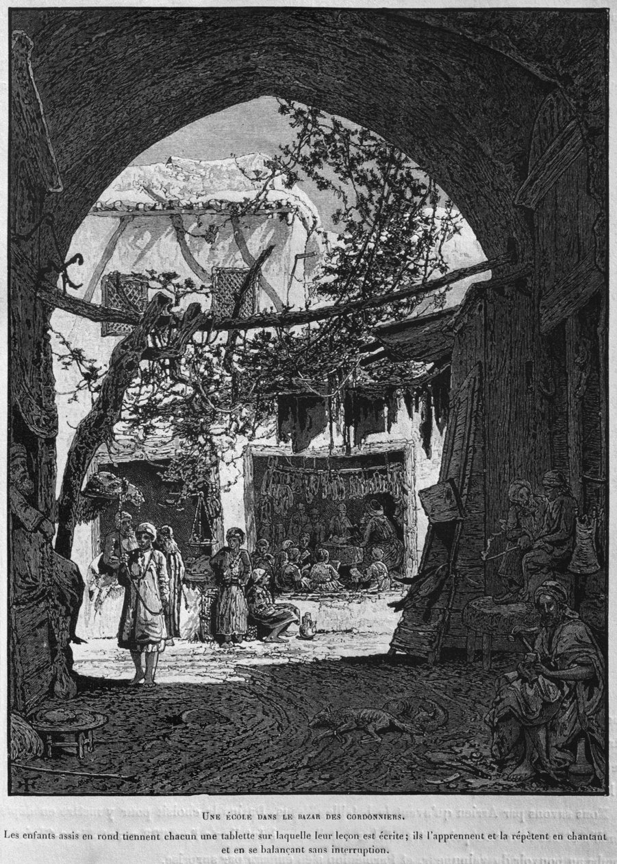 Koranskole i skomagernes baazar, fra La Terre Sainte af Victor Guerin, 1884 (bw-gravering) af French School