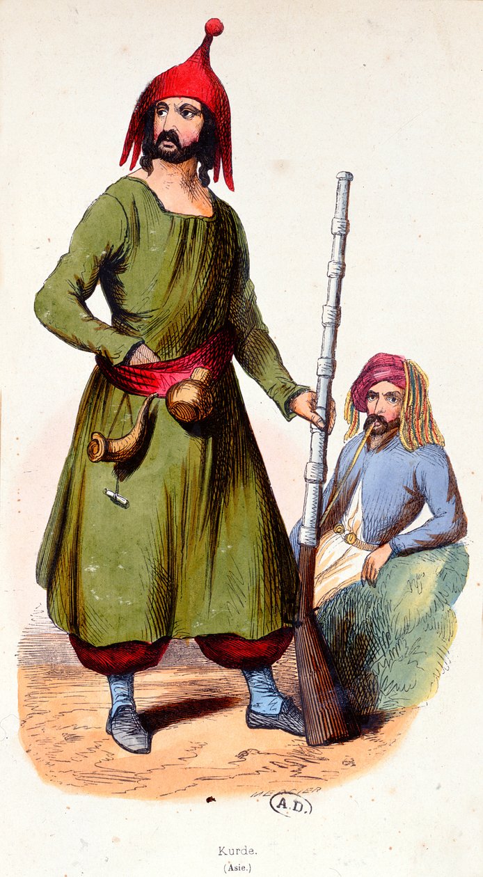 Kurdiske krigere, ca. 1840 (farvegravering) af French School