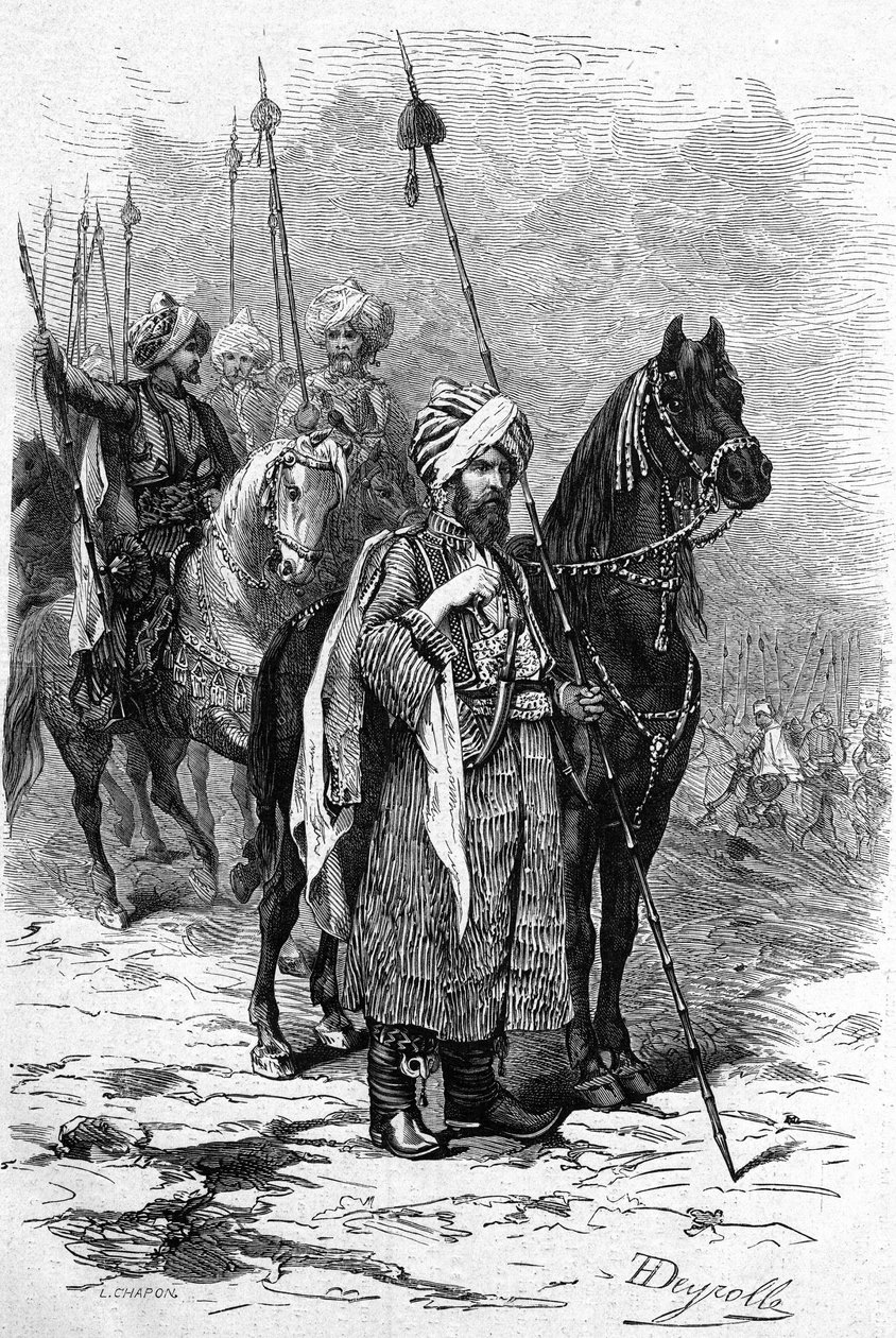 Kurdiske soldater i 1877 under Østkrigen (1875-1878) også kaldet den tyrkiske Russo-krig (russisk-tyrkisk). Indgravering i "" Le Monde Illustré"" nr. 1055 af 30. juni af French School