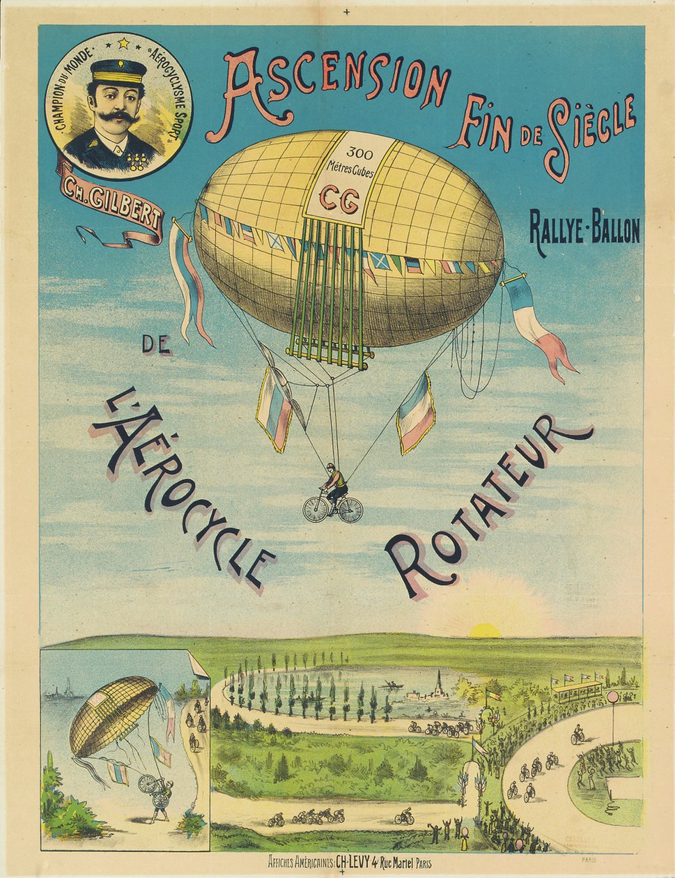 "L"Aerocycle Rotateur", reklameplakat for luftballoncyklen, ca. 1890 af French School