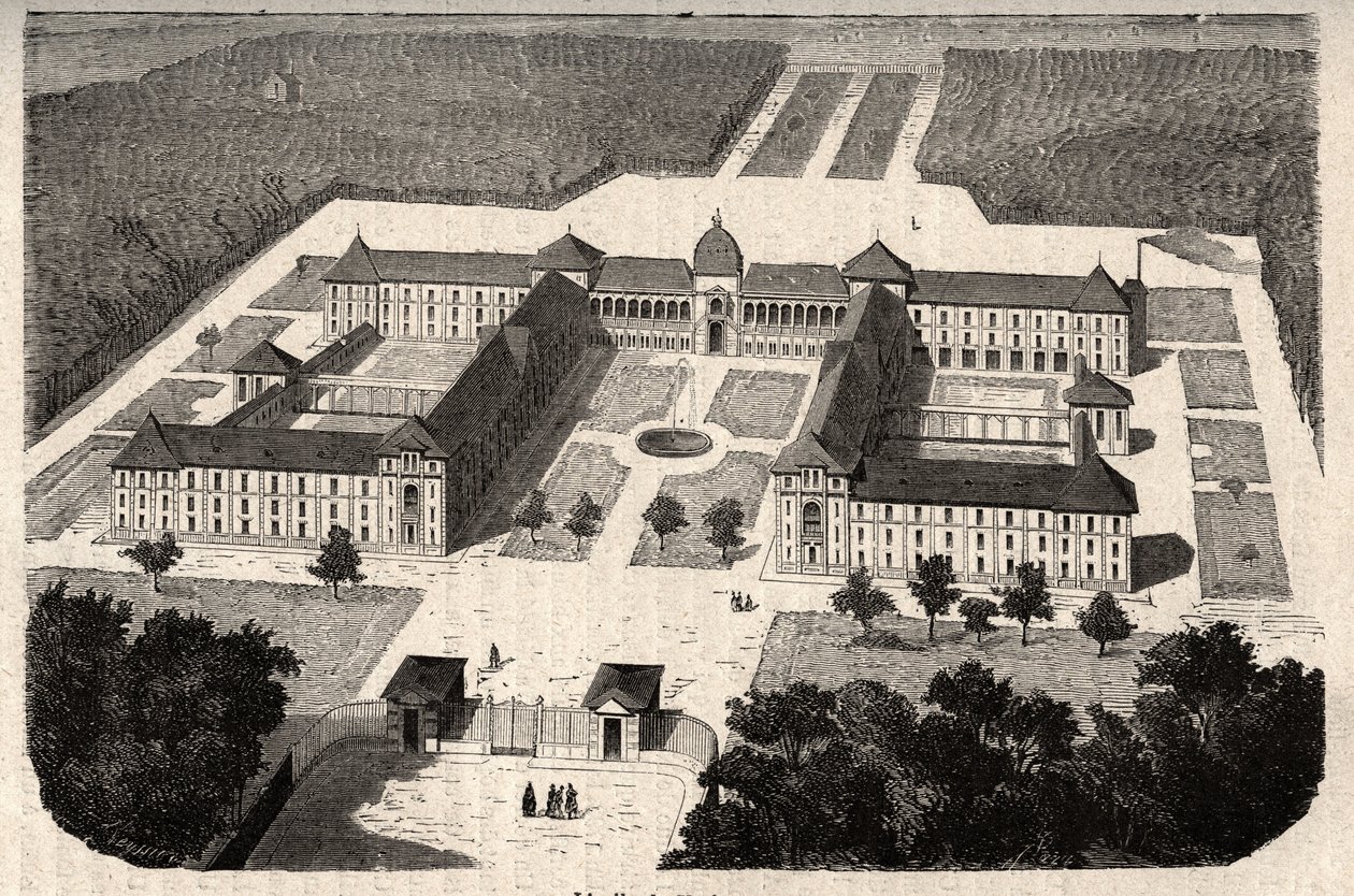 The Imperial Asylum of Vesinet (nuværende Hospital of Vesinet) i Yvelines - indgravering i "" PATILE"" - PECTURERISK BESKRIVELSE AF FRANKRIG I 6 BIND AF LUCIEN HUARD - slutningen af ​​1800-tallet af French School