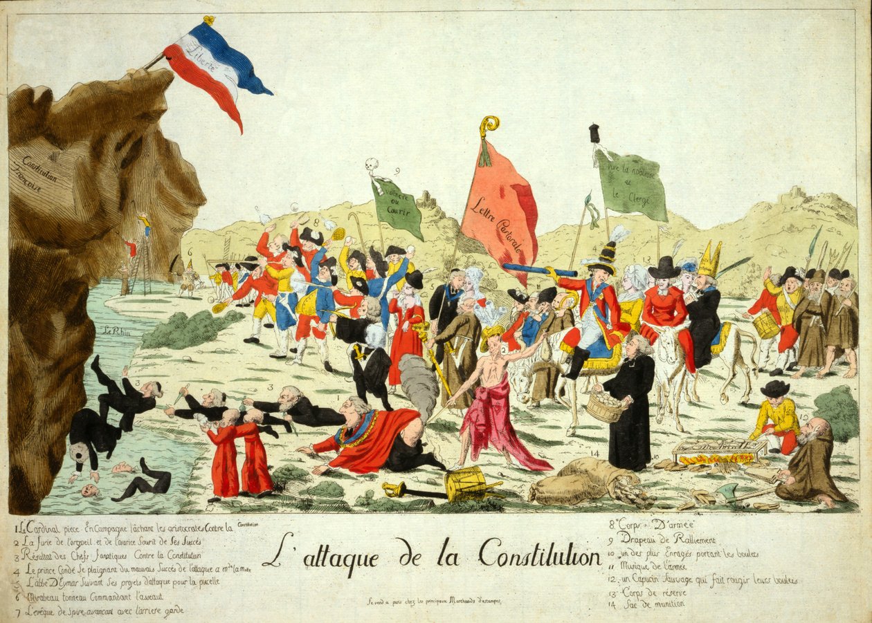 Angreb på forfatningen, pub. 1792 (håndkoloreret gravering) af French School