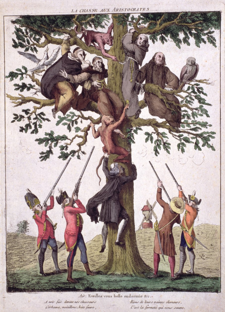Jagten på aristokraterne, anti-royalistisk karikatur, ca. 1792 af French School