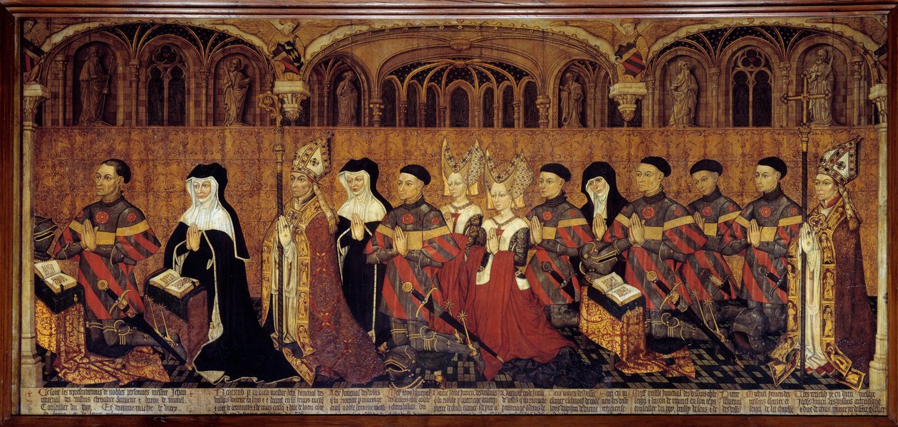 La Famille Jouvenel des Ursins Magistraten, prevot Jean Jouvenel des Ursins eller Jean Juvenal des Ursins (1360-1431), repræsenterer sammen med sine familiemedlemmer i bøn. Maleri på træ af den franske skole. 1443-1449. Søn 1,3x3,5 m Paris, nationalmuseet  af French School