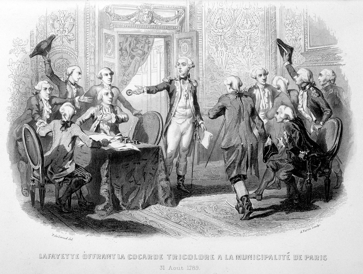 La Fayette (Lafayette) tilbyder Cocard Tricolore til Paris kommune (31. august 1789) - i "Festes de Gardes Nationales de France"" af French School