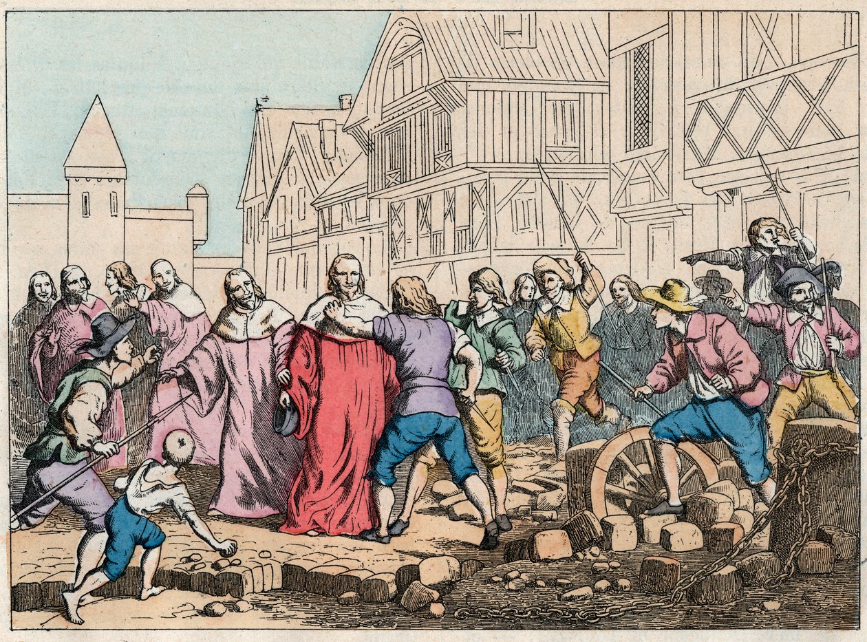 La Fronde (27. august 1648) - barrikader i Paris: en rotordreng, der truer parlamentets præsident, Mathieu Mole (1584-1656) - Præsident Mole mandskabt af oprørere - Indgravering af slutningen af det 19. århundrede i "" Nos Gires Nationales - Billeder og re af French School