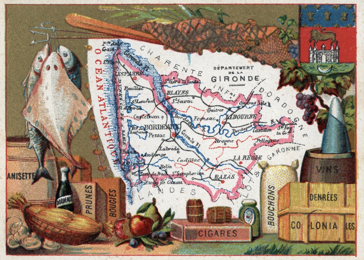 La Gironde (33), Aquitaine, Frankrig. Lokal specialitet: fisk, anisette, Bordeaux-vin, blommer, stearinlys, cigarer, propper og kolonial mad. Serie om de franske departementer. Chromolithography (Chromo) "" den geografiske tråd"", ca. 1920. Privat samling. af French School