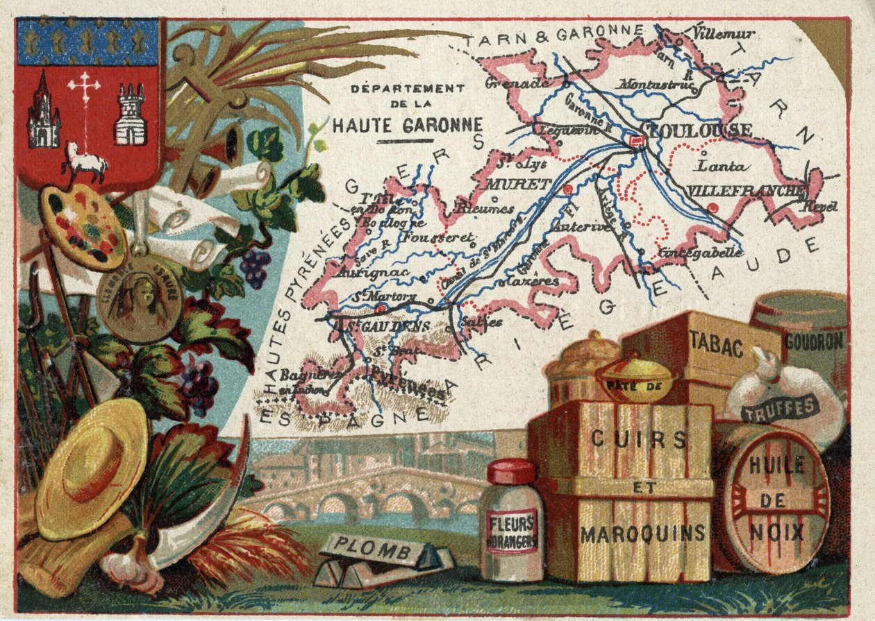 La Haute Garonne (Haute-Garonne, 31), Midi-Pyrénées (Midi Pyrenæerne), Frankrig. Lokal specialitet: bly, appelsinblomster, pasta, læder- og lædervarer, tobak, valnøddeolie, tjære og trøfler. Serie om de franske departementer. Kromolitografi (Chromo) "" t af French School