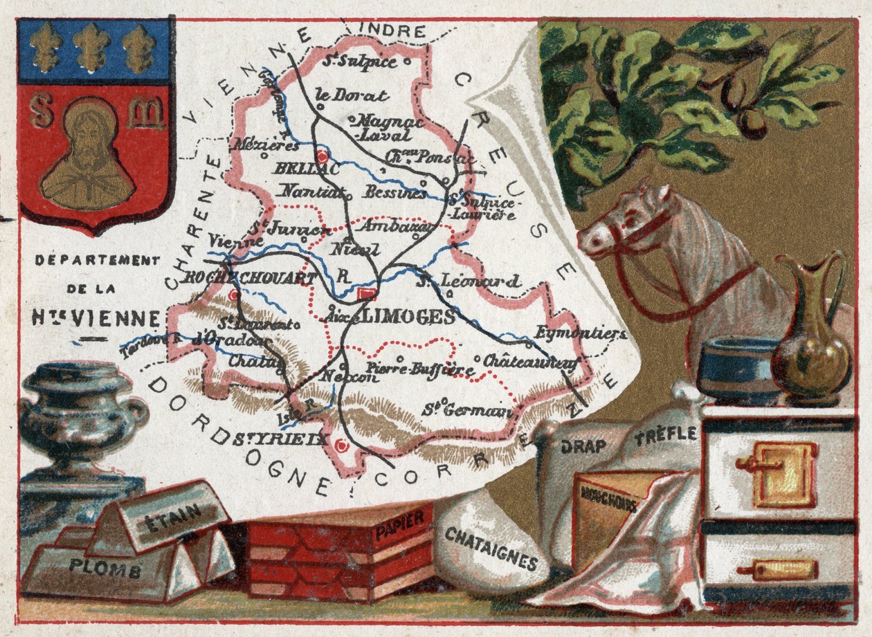 La Haute Vienne (Haute-Vienne, 87), Limousin, Frankrig. Blik, bly, kastanjepapir, ark, kløver og lommetørklæder. Serie om de franske departementer. Chromolithography (Chromo) "" den geografiske tråd"", ca. 1920. Privat samling. af French School