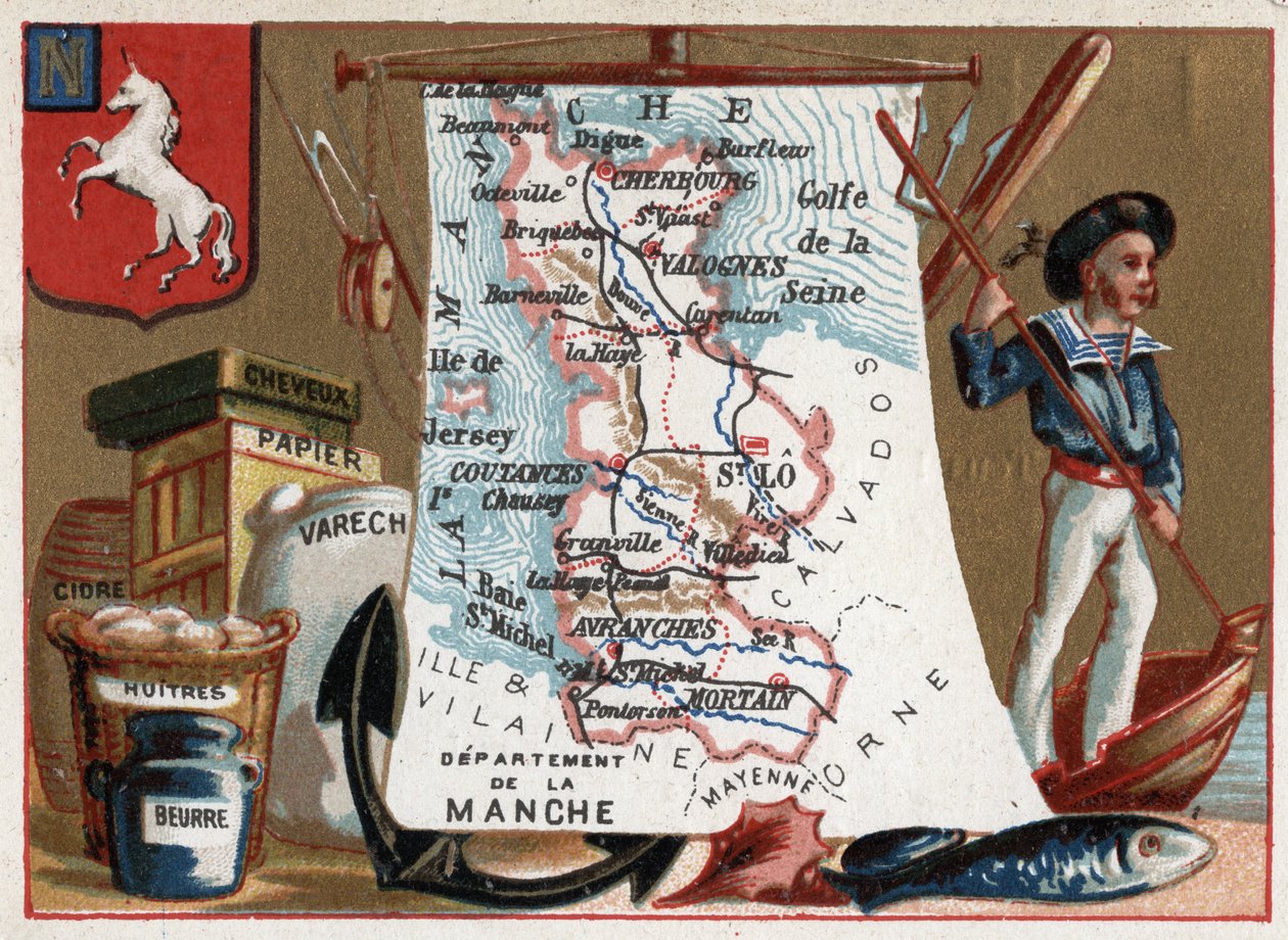La Manche (50), Basse Normandy (Basse-Normandie), Frankrig. Lokal specialitet: fersken og østers, cider og papir. Serie om de franske departementer. Chromolithography (Chromo) "" den geografiske tråd"", ca. 1920. Privat samling. af French School