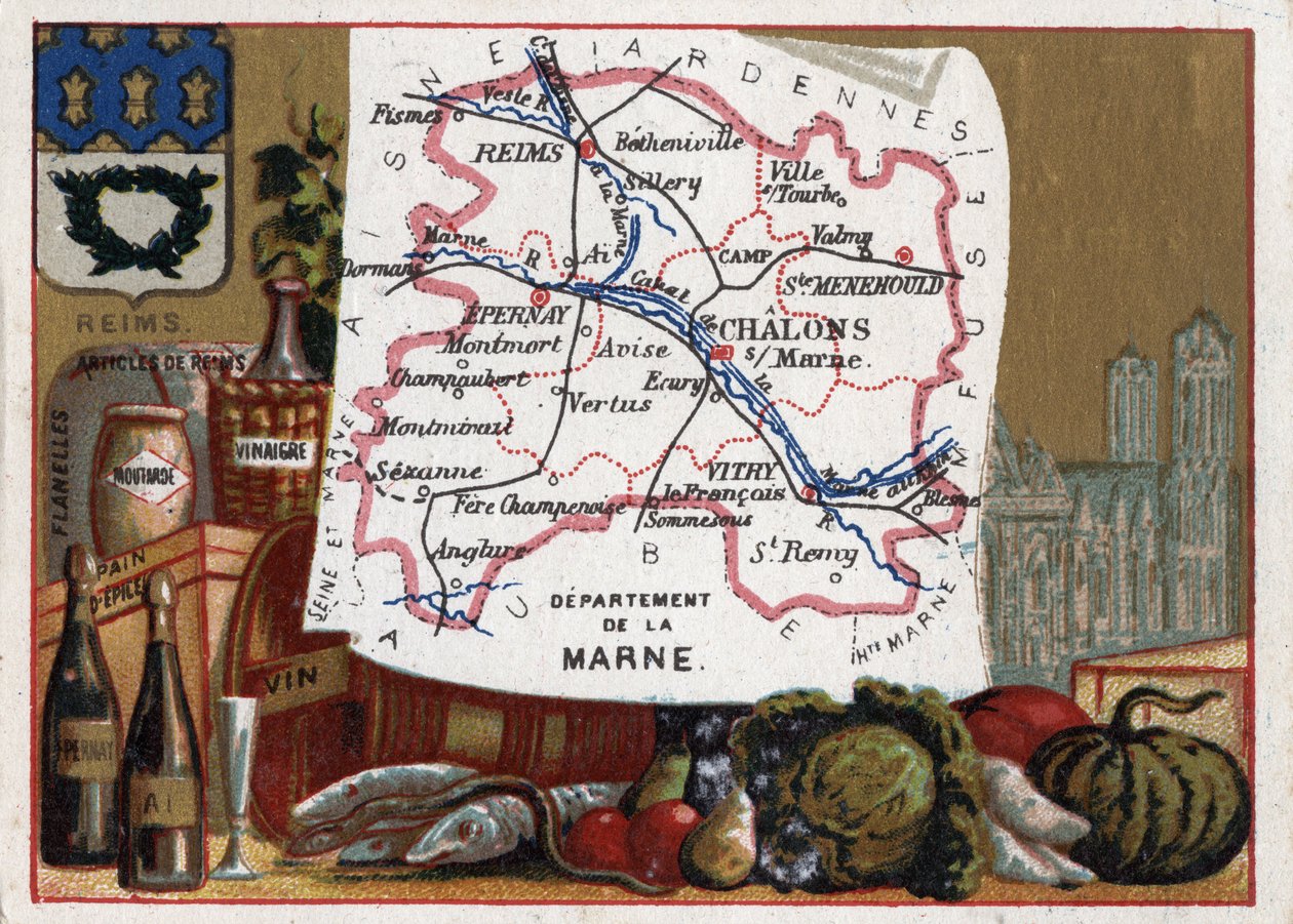 La Marne (51) i Champagne Ardenne (Champagne-Ardenne), Frankrig. Lokale specialiteter: champagne og Cathedrale de Reims. Serie om de franske departementer. Chromolithography (Chromo) "" den geografiske tråd"", ca. 1920. Privat samling. af French School