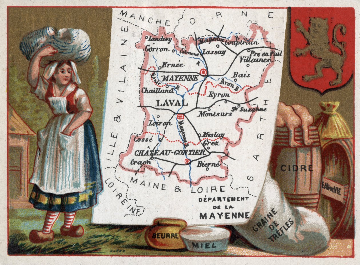 La Mayenne (53), Pays de la Loire, Frankrig. Bonde, smør, honning, trefflefrø, cider og brandy. Serie om de franske departementer. Chromolithography (Chromo) "" den geografiske tråd"", ca. 1920. Privat samling. af French School