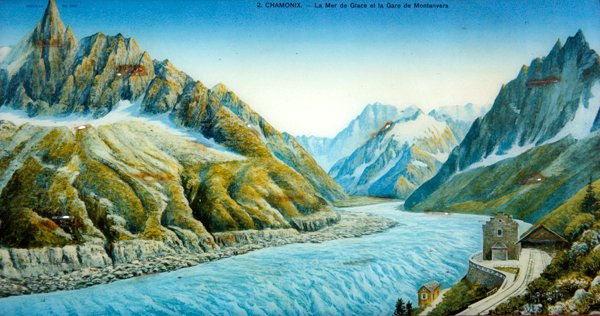 La Mer du Glace, Aiguille du Dru og Montanvers Station, ca. 1900 (farvet foto) af French School