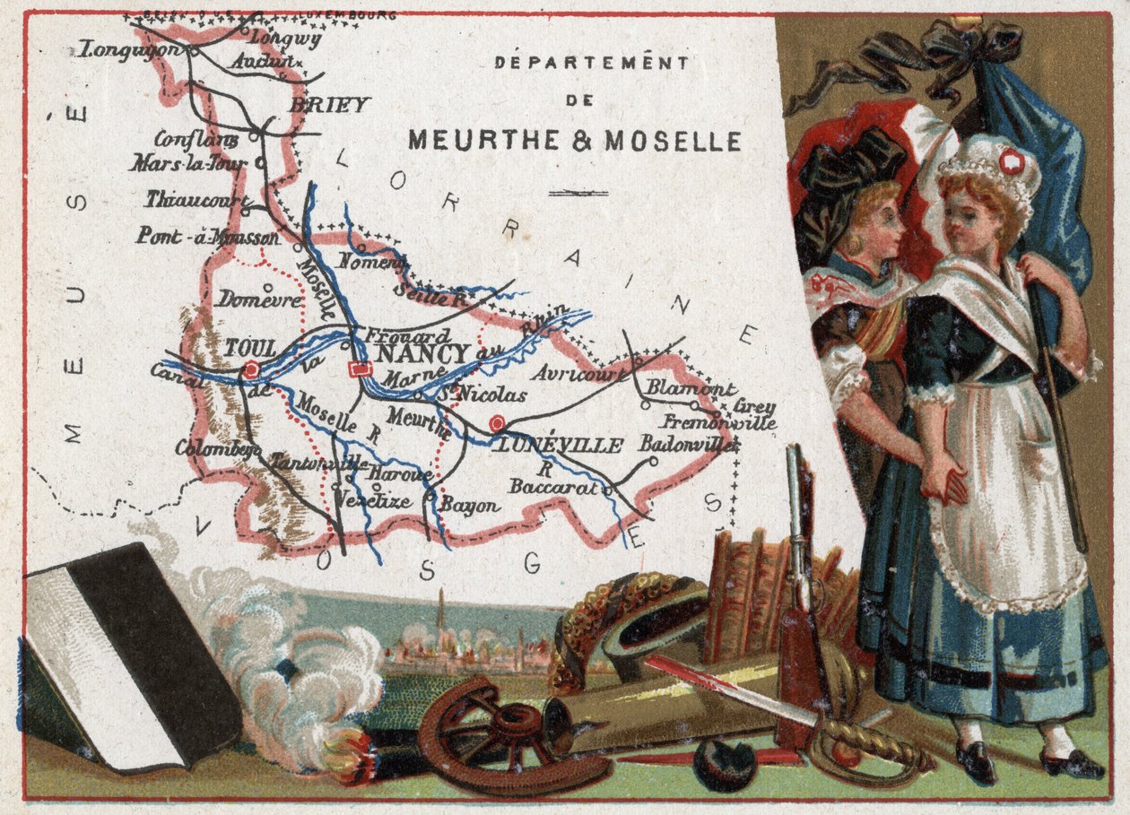 La Meurthe et Moselle (Meurthe-Et-Moselle, 54), Lorraine, Frankrig. Portræt af to revolutionære kvinder. Serie om de franske departementer. Chromolithography (Chromo) "" den geografiske tråd"", ca. 1920. Privat samling. af French School