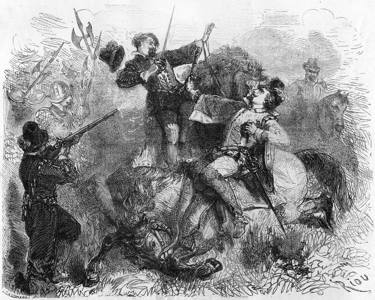 La Renaudie, en herre fra Limousin, der kæmpede for religionsfrihed, blev dræbt den 16. marts 1559 under et slag. I "" Histoire Populaire de la France"", sd. ca. 1885. Stik. af French School