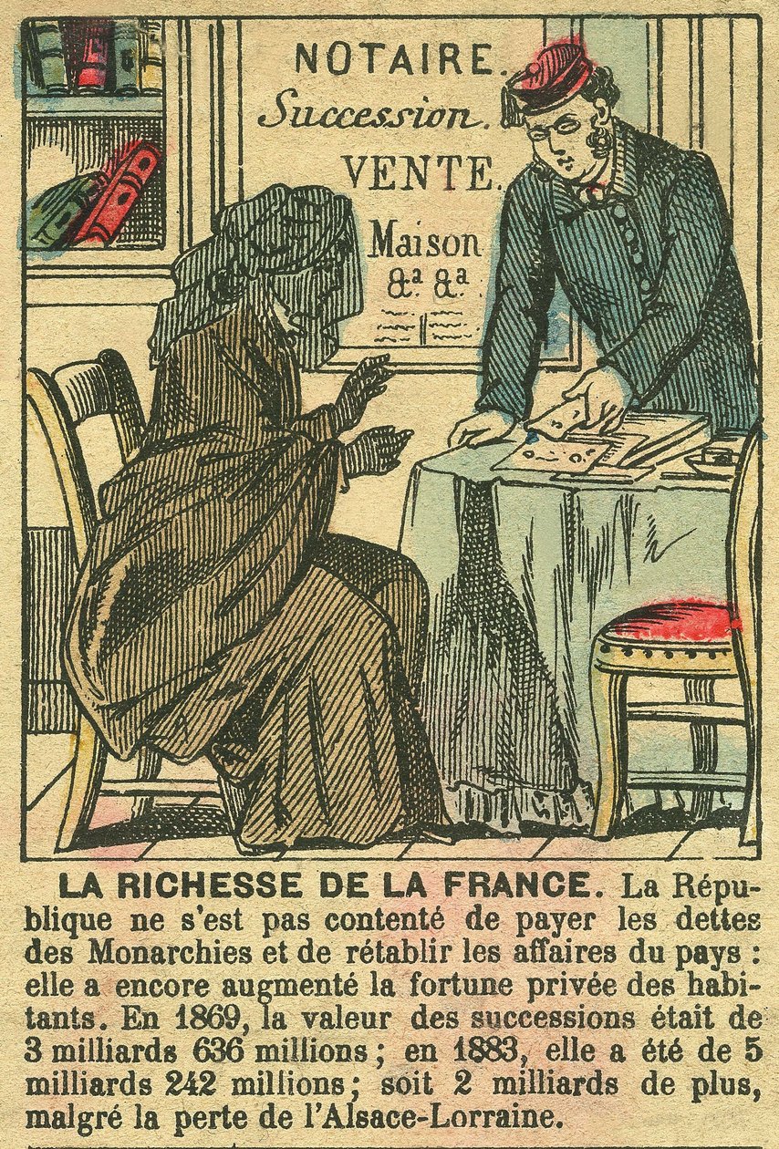 La Riche de la France, der illustrerer fordelene ved den tredje republik for franskmændenes personlige berigelse. Stik, i "Le Figaro, supplement", den 30/03/1889, Paris. af French School