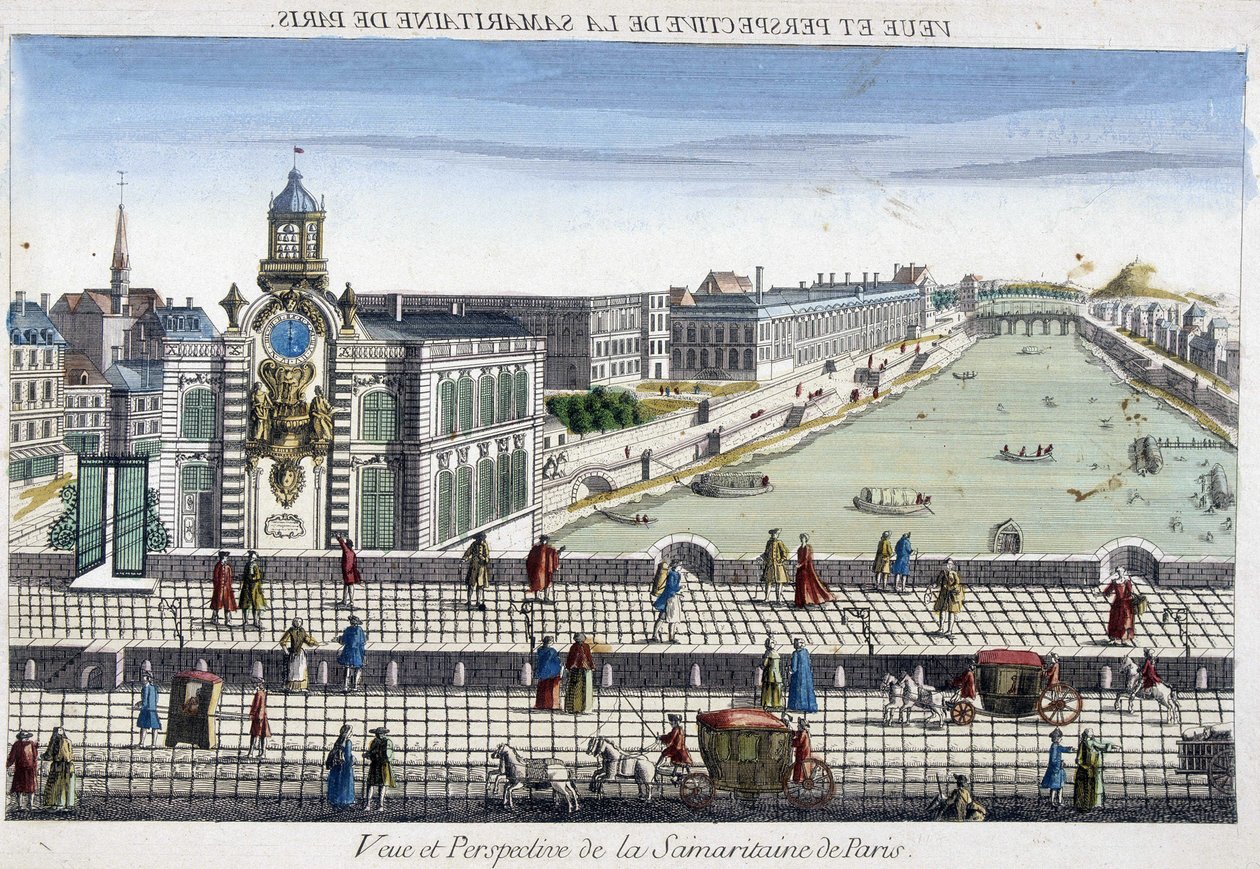 La Samaritaine (vandpumpe) på Pont Neuf i Paris - optisk visning af French School