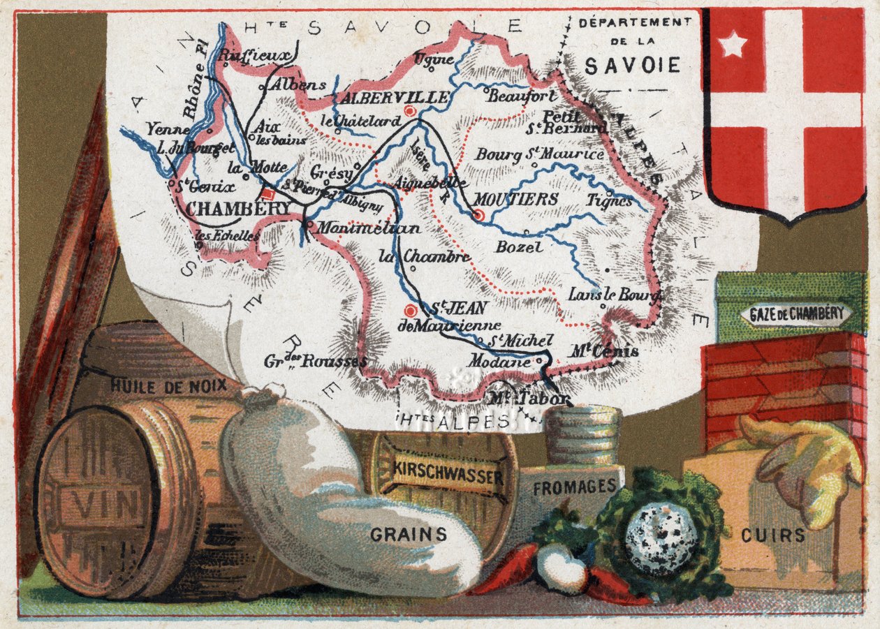La Savoie (73), Rhone Alpes (Rhône-Alpes), Frankrig. Serie om de franske departementer. Lokal specialitet: valnøddeolie, vin, korn, kirschwasser (kirsch), ost, kammergaze og læder. Chromolithography (Chromo) "" den geografiske tråd"", omkring 1920. P af French School