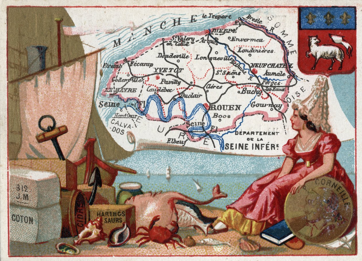 La Seine Inferieure, nu Seine Maritime (76), Haute Normandy (Haute-Normandie), Frankrig. Lokale specialiteter: bomuld, cider, sild. Portræt af Pierre Corneille (1606-1684), fransk dramatiker. Serie om de franske departementer. Chromolithography (Chrom af French School