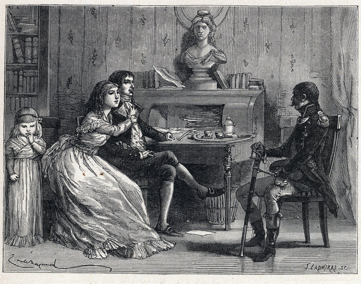 La Terreur under den franske revolution: Camille Desmoulins (1760-1794), fængslet, fik besøg af sin kone Lucile (1770-1794) og marechal Guillaume Brune (1763-1815) af French School