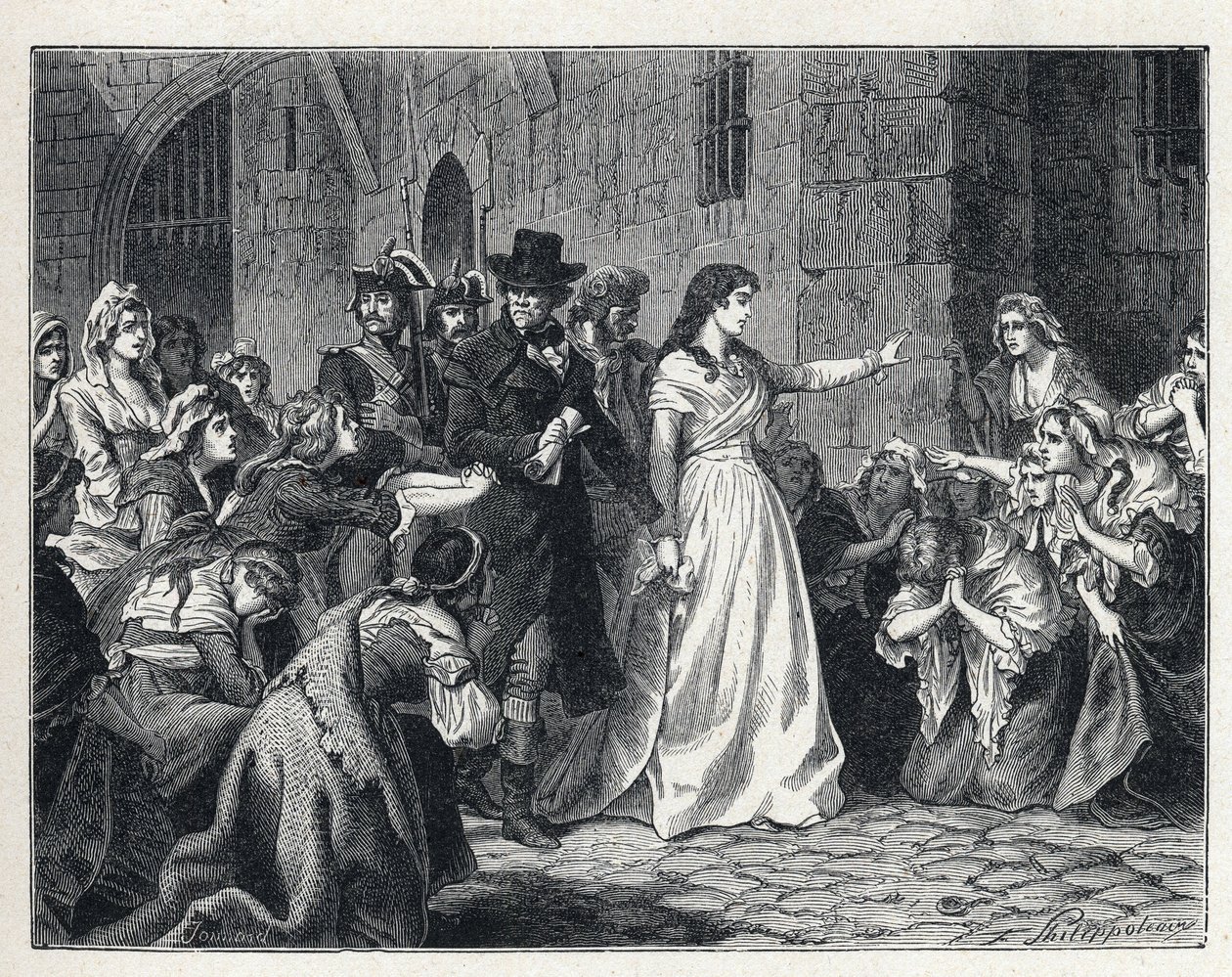La Terreur under den franske revolution: Madame Jeanne Marie Roland de la Platiere (1754-1793) forlader concierge-fængslet for at gå for den revolutionære domstol i 1793. Hans codetenues knæler på hans vej. af French School