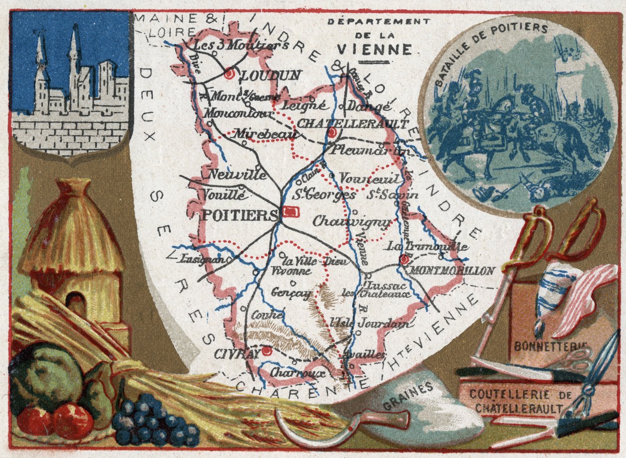 La Vienne (86), Poitou-Charentes (Poitou Charentes), Frankrig. Frø, Chatellerault bestik og strømper. Serie om de franske departementer. Chromolithography (Chromo) "" den geografiske tråd"", ca. 1920. Privat samling. af French School